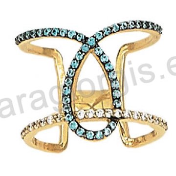 Δαχτυλίδι fashion χρυσό K14 σε ελικοειδές σχέδιο με bleu London και άσπρες πέτρες ζιργκόν.
