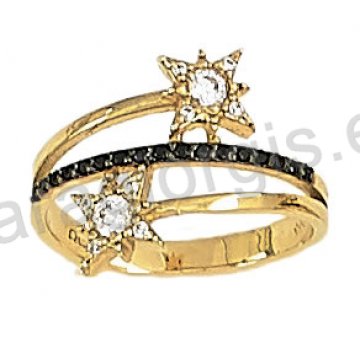 Δαχτυλίδι fashion χρυσό K14 με αστεράκια σε άσπρες και μαύρες πέτρες ζιργκόν.