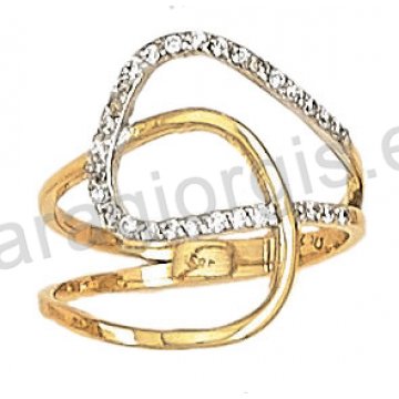 Δαχτυλίδι fashion χρυσό K14 σε ελικοειδές σχέδιο με άσπρες πέτρες ζιργκόν.