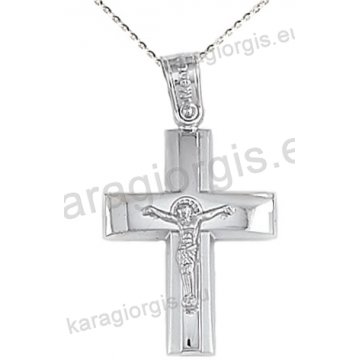 Βαπτιστικός σταυρός K14 με αλυσίδα λευκόχρυσος για αγόρι με ένθετο εσταυρωμένο σε λουστρέ φινίρισμα.