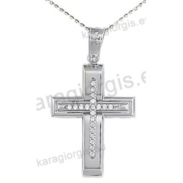 Βαπτιστικός σταυρός K14 με αλυσίδα λευκόχρυσο για κορίτσι με πέτρες ζιργκόν σε λουστρέ φινίρισμα.