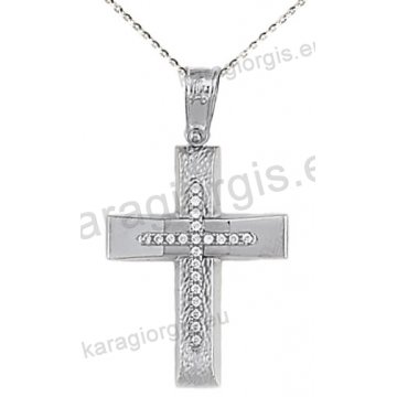 Βαπτιστικός σταυρός K14 με αλυσίδα λευκόχρυσο για κορίτσι με πέτρες ζιργκόν σε λουστρέ και ματ φινίρισμα.