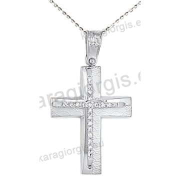 Βαπτιστικός σταυρός K14 με αλυσίδα λευκόχρυσο για κορίτσι με πέτρες ζιργκόν σε λουστρέ και ματ φινίρισμα.