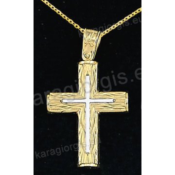Βαπτιστικός σταυρός με αλυσίδα χρυσός για αγόρι σε σαγρέ φινίρισμα με ένθετο λευκόχρυσο σταυρό 14 καράτια.