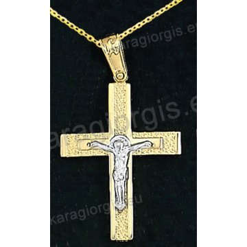 Βαπτιστικός σταυρός με αλυσίδα χρυσός για αγόρι σε σαγρέ φινίρισμα με ένθετο λευκόχρυσο εσταυρωμένο 14 καράτια.
