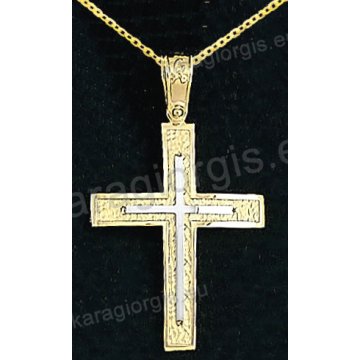 Βαπτιστικός σταυρός με αλυσίδα χρυσός για αγόρι σε σαγρέ φινίρισμα με ένθετο λευκόχρυσο σταυρό 14 καράτια.