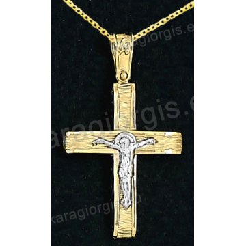 Βαπτιστικός σταυρός με αλυσίδα χρυσός για αγόρι σε σαγρέ φινίρισμα με ένθετο λευκόχρυσο εσταυρωμένο 14 καράτια.