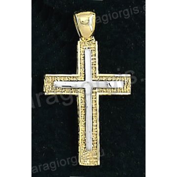 Βαπτιστικός σταυρός χρυσός για αγόρι σε σαγρέ φινίρισμα με ένθετο λευκόχρυσο σταυρό 14 καράτια.