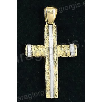 Βαπτιστικός σταυρός χρυσός για αγόρι σε σαγρέ φινίρισμα με λευκόχρυσο 14 καράτια.