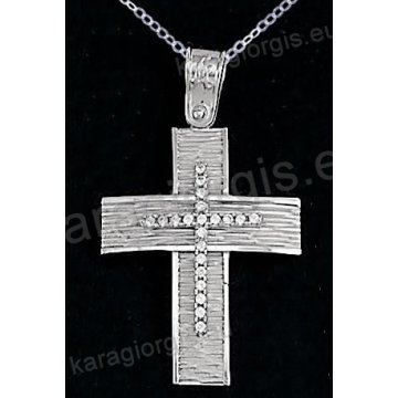Βαπτιστικός σταυρός λευκόχρυσος για κορίτσι σε σαγρέ φινίρισμα με ένθετο σταυρό σε 14 καράτια με πέτρες ζιργκόν.