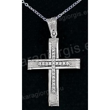 Βαπτιστικός σταυρός λευκόχρυσος για κορίτσι σε σαγρέ φινίρισμα με ένθετο σταυρό σε 14 καράτια με πέτρες ζιργκόν.