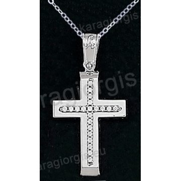 Βαπτιστικός σταυρός K14 με αλυσίδα λευκόχρυσος για κορίτσι σε λουστρέ φινίρισμα με ένθετο σταυρό με πέτρες ζιργκόν.
