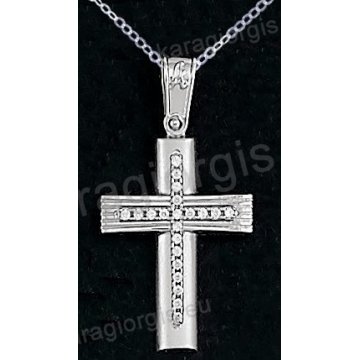 Βαπτιστικός σταυρός K14 με αλυσίδα λευκόχρυσος για κορίτσι σε ματ φινίρισμα με ένθετο σταυρό με πέτρες ζιργκόν.