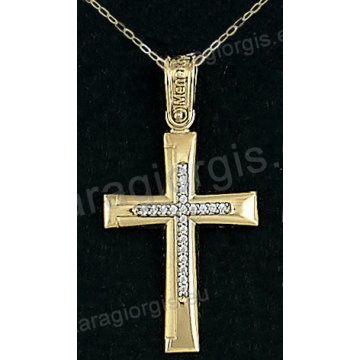 Βαπτιστικός σταυρός με αλυσίδα χρυσός για κορίτσι σε ματ φινίρισμα με ένθετο σταυρό σε 14 καράτια με πέτρες ζιργκόν.