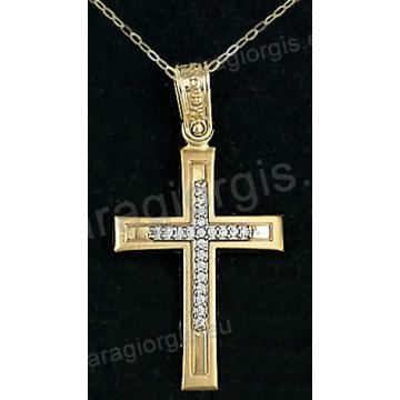 Βαπτιστικός σταυρός με αλυσίδα χρυσός για κορίτσι σε ματ φινίρισμα με ένθετο σταυρό σε 14 καράτια με πέτρες ζιργκόν.