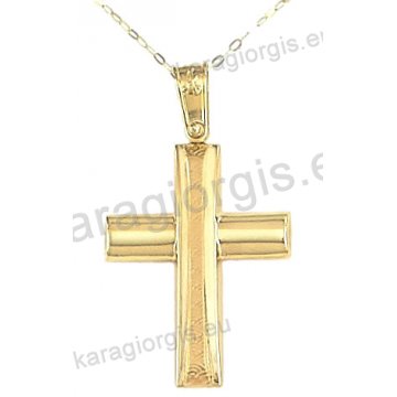 Βαπτιστικός σταυρός με αλυσίδα χρυσός για αγόρι σε λουστρέ και ματ φινίρισμα σε 14 καράτια.