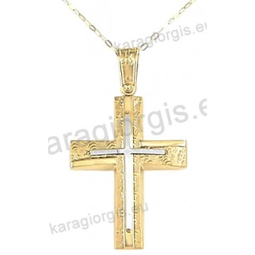 Βαπτιστικός σταυρός με αλυσίδα χρυσός για αγόρι σε λουστρέ σαγρέ φινίρισμα με ένθετο λευκόχρυσο σταυρό σε 14 καράτια.