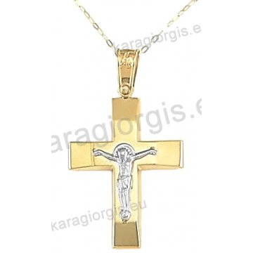 Βαπτιστικός σταυρός με αλυσίδα χρυσός για αγόρι σε λουστρέ φινίρισμα με ένθετο λευκόχρυσο εσταυρωμένο σε 14 καράτια.