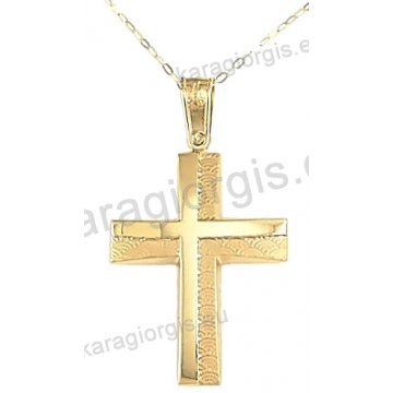 Βαπτιστικός σταυρός με αλυσίδα χρυσός για αγόρι σε λουστρέ και σαγρέ φινίρισμα σε 14 καράτια.