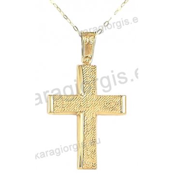 Βαπτιστικός σταυρός με αλυσίδα χρυσός για αγόρι σε λουστρέ και σαγρέ φινίρισμα σε 14 καράτια.