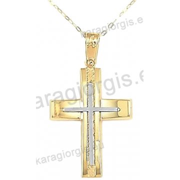 Βαπτιστικός σταυρός με αλυσίδα χρυσός για αγόρι σε λουστρέ σαγρέ φινίρισμα με ένθετο λευκόχρυσο σταυρό σε 14 καράτια.