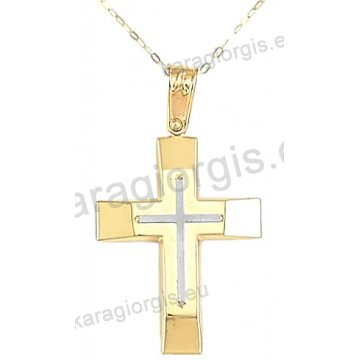 Βαπτιστικός σταυρός με αλυσίδα χρυσός για αγόρι σε λουστρέ φινίρισμα με ένθετο λευκόχρυσο σταυρό σε 14 καράτια.
