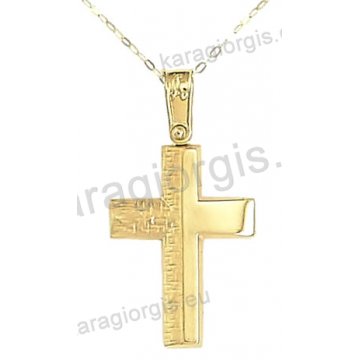 Βαπτιστικός σταυρός με αλυσίδα χρυσός για αγόρι σε λουστρέ και ματ φινίρισμα σε 14 καράτια.