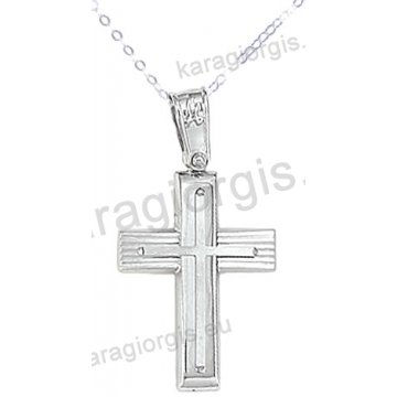Βαπτιστικός σταυρός K14 με αλυσίδα λευκόχρυσος για αγόρι σε λουστρέ φινίρισμα με ένθετο σταυρό.