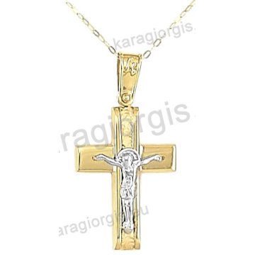 Βαπτιστικός σταυρός με αλυσίδα χρυσός για αγόρι σε λουστρέ ματ φινίρισμα με ένθετο λευκόχρυσο εσταυρωμένο σε 14 καράτια.