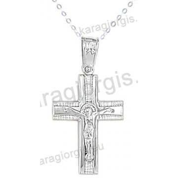 Βαπτιστικός σταυρός K14 με αλυσίδα λευκόχρυσος για αγόρι σε λουστρέ ματ φινίρισμα με ένθετο εσταυρωμένο.