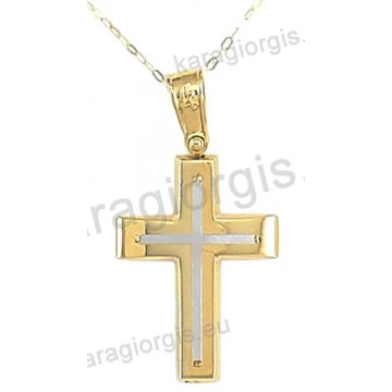 Βαπτιστικός σταυρός με αλυσίδα χρυσός για αγόρι σε λουστρέ φινίρισμα με ένθετο λευκόχρυσο σταυρό σε 14 καράτια.