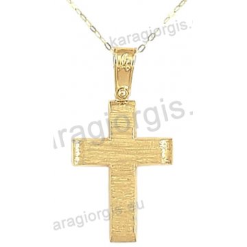 Βαπτιστικός σταυρός με αλυσίδα χρυσός για αγόρι σε σαγρέ φινίρισμα σε 14 καράτια.