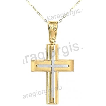 Βαπτιστικός σταυρός με αλυσίδα χρυσός για αγόρι σε λουστρέ ματ φινίρισμα με ένθετο λευκόχρυσο σταυρό σε 14 καράτια.