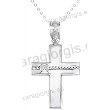 Βαπτιστικός σταυρός K14 λευκόχρυσος με αλυσίδα για κορίτσι σε λουστρέ φινίρισμα με ένθετα φτερά με άσπρες πέτρες ζιργκόν.