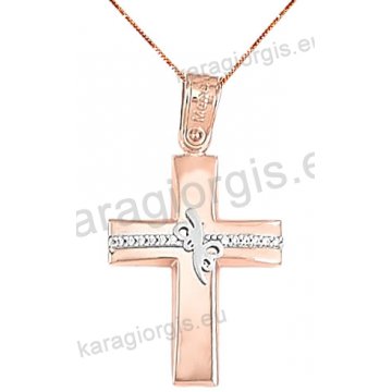 Βαπτιστικός σταυρός rose gold με αλυσίδα για κορίτσι σε λουστρέ φινίρισμα με ένθετο φιογκάκι σε 14 καράτια με άσπρες πέτρες ζιργκόν.