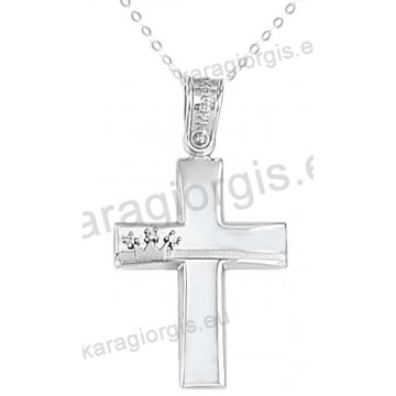 Βαπτιστικός σταυρός K14 λευκόχρυσος με αλυσίδα για κορίτσι σε λουστρέ φινίρισμα με ένθετη κορώνα με άσπρες πέτρες ζιργκόν.