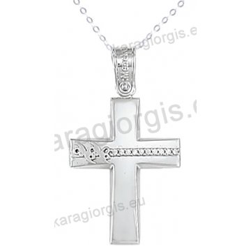 Βαπτιστικός σταυρός K14 λευκόχρυσος με αλυσίδα για κορίτσι σε λουστρέ φινίρισμα με ένθετα φιογκάκια με άσπρες πέτρες ζιργκόν.