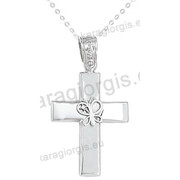 Βαπτιστικός σταυρός K14 λευκόχρυσος με αλυσίδα για κορίτσι σε λουστρέ φινίρισμα με ένθετη πεταλούδα με άσπρες πέτρες ζιργκόν.