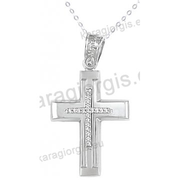 Βαπτιστικός σταυρός λευκόχρυσος με αλυσίδα για κορίτσι σε λουστρέ-ματ φινίρισμα με ένθετο σταυρό με πέτρες ζιργκόν σε 14 καράτια.