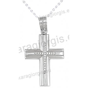 Βαπτιστικός σταυρός λευκόχρυσος με αλυσίδα για κορίτσι σε λουστρέ-ματ φινίρισμα με ένθετο σταυρό με πέτρες ζιργκόν σε 14 καράτια.