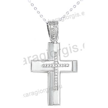 Βαπτιστικός σταυρός K14 λευκόχρυσος με αλυσίδα για κορίτσι σε λουστρέ-ματ φινίρισμα με ένθετο σταυρό με πέτρες ζιργκόν.