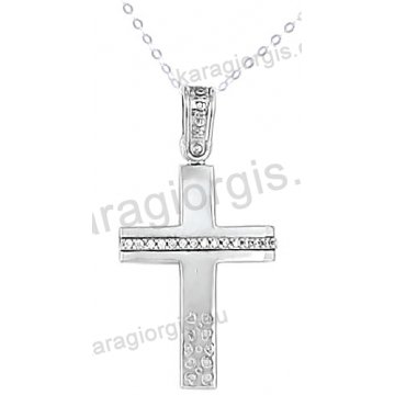 Βαπτιστικός σταυρός K14 λευκόχρυσος με αλυσίδα για κορίτσι σε λουστρέ φινίρισμα με πέτρες ζιργκόν.