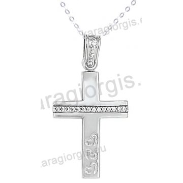 Βαπτιστικός σταυρός K14 λευκόχρυσος με αλυσίδα για κορίτσι σε λουστρέ φινίρισμα με καρδούλες με πέτρες ζιργκόν.