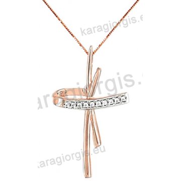 Σταυρός rose gold fashion γυναικείος σε μοντέρνο σχέδιο με αλυσίδα με άσπρες πέτρες ζιργκόν σε 14 καράτια.