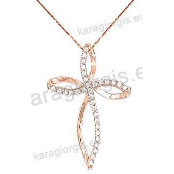 Σταυρός rose gold fashion γυναικείος σε μοντέρνο σχέδιο με αλυσίδα με άσπρες πέτρες ζιργκόν σε 14 καράτια.