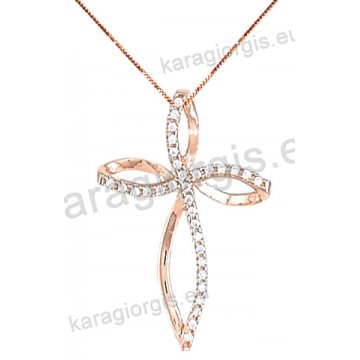 Σταυρός rose gold fashion γυναικείος σε μοντέρνο σχέδιο με αλυσίδα με άσπρες πέτρες ζιργκόν σε 14 καράτια.