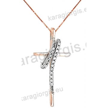 Σταυρός rose gold fashion γυναικείος σε μοντέρνο σχέδιο με αλυσίδα με άσπρες πέτρες ζιργκόν σε 14 καράτια.