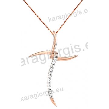 Σταυρός rose gold fashion γυναικείος σε μοντέρνο σχέδιο με αλυσίδα με άσπρες πέτρες ζιργκόν σε 14 καράτια.