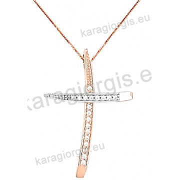 Σταυρός rose gold fashion γυναικείος σε μοντέρνο σχέδιο με αλυσίδα με άσπρες πέτρες ζιργκόν σε 14 καράτια.