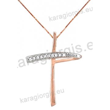 Σταυρός rose gold fashion γυναικείος σε μοντέρνο σχέδιο με αλυσίδα με άσπρες πέτρες ζιργκόν σε 14 καράτια.